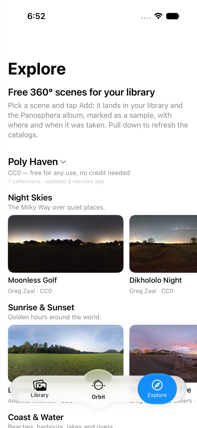 Poly Haven opened on iPhone, showing its Night Skies and Sunrise and Sunset collections