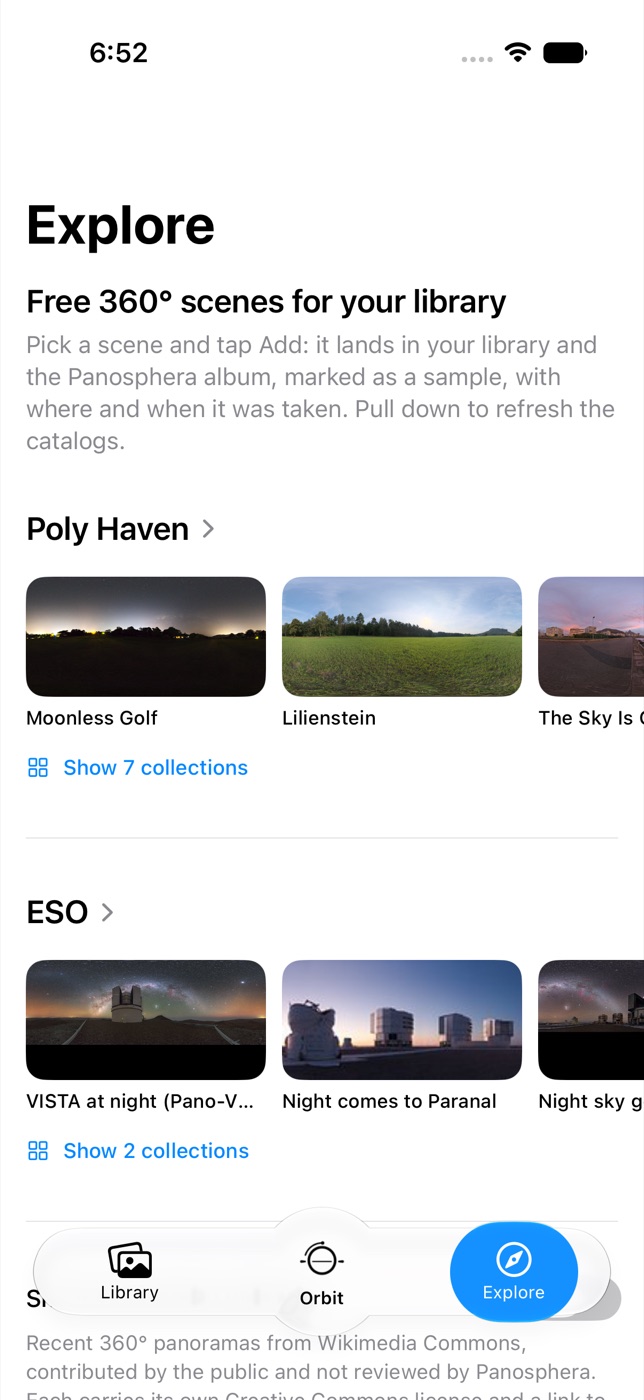 The Explore tab on iPhone: rows of free 360° scenes from Poly Haven, Night Skies first, with Orbit in the center of the tab bar