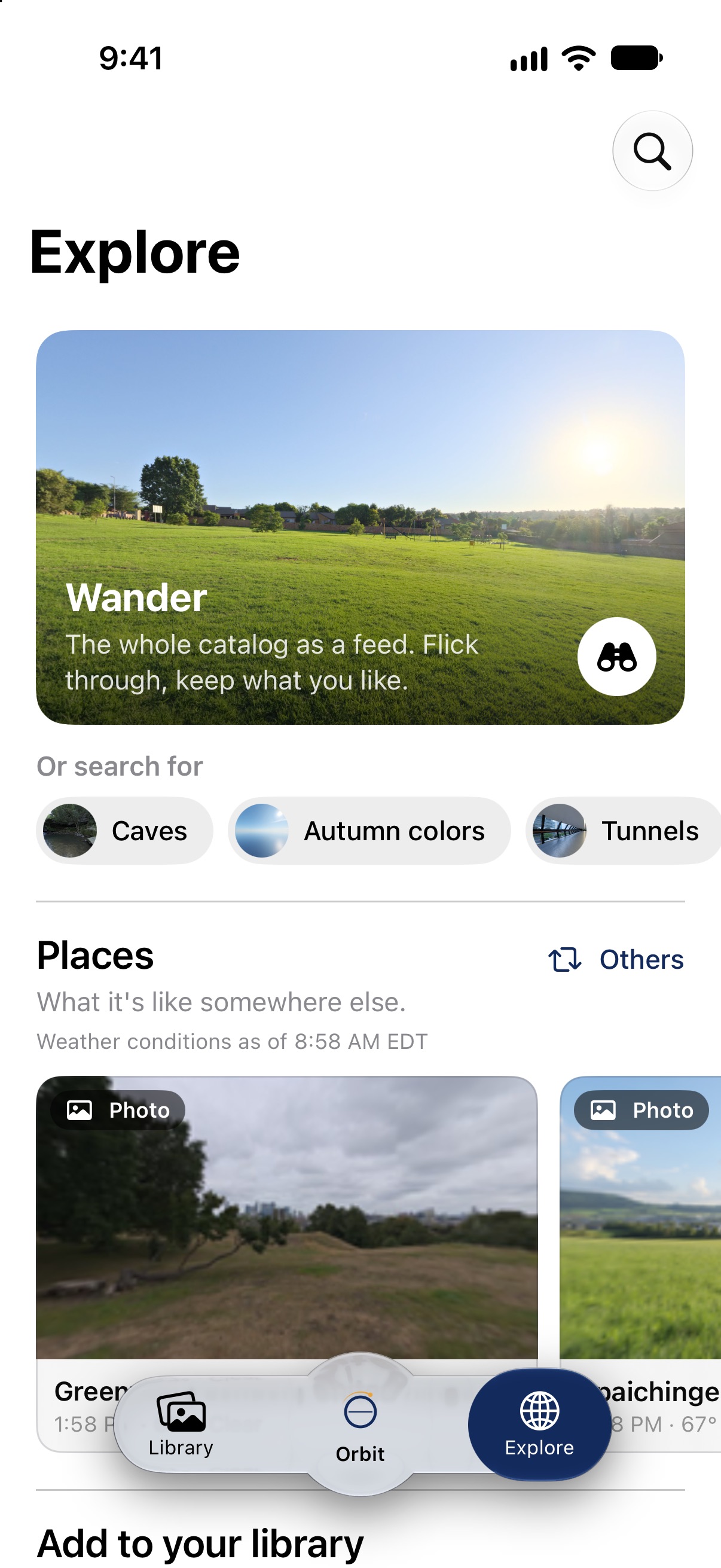 The Explore tab on iPhone: the Wander tile at the top, search ideas under it, then Places, with Orbit in the center of the tab bar