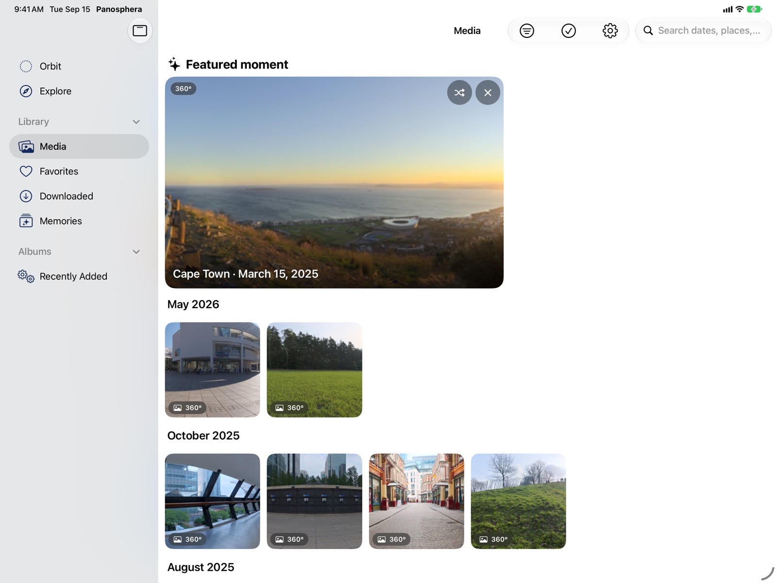 The Library on iPad in landscape: a sidebar of scopes and albums beside a grid of 360° photos, each badged 360°, grouped by month