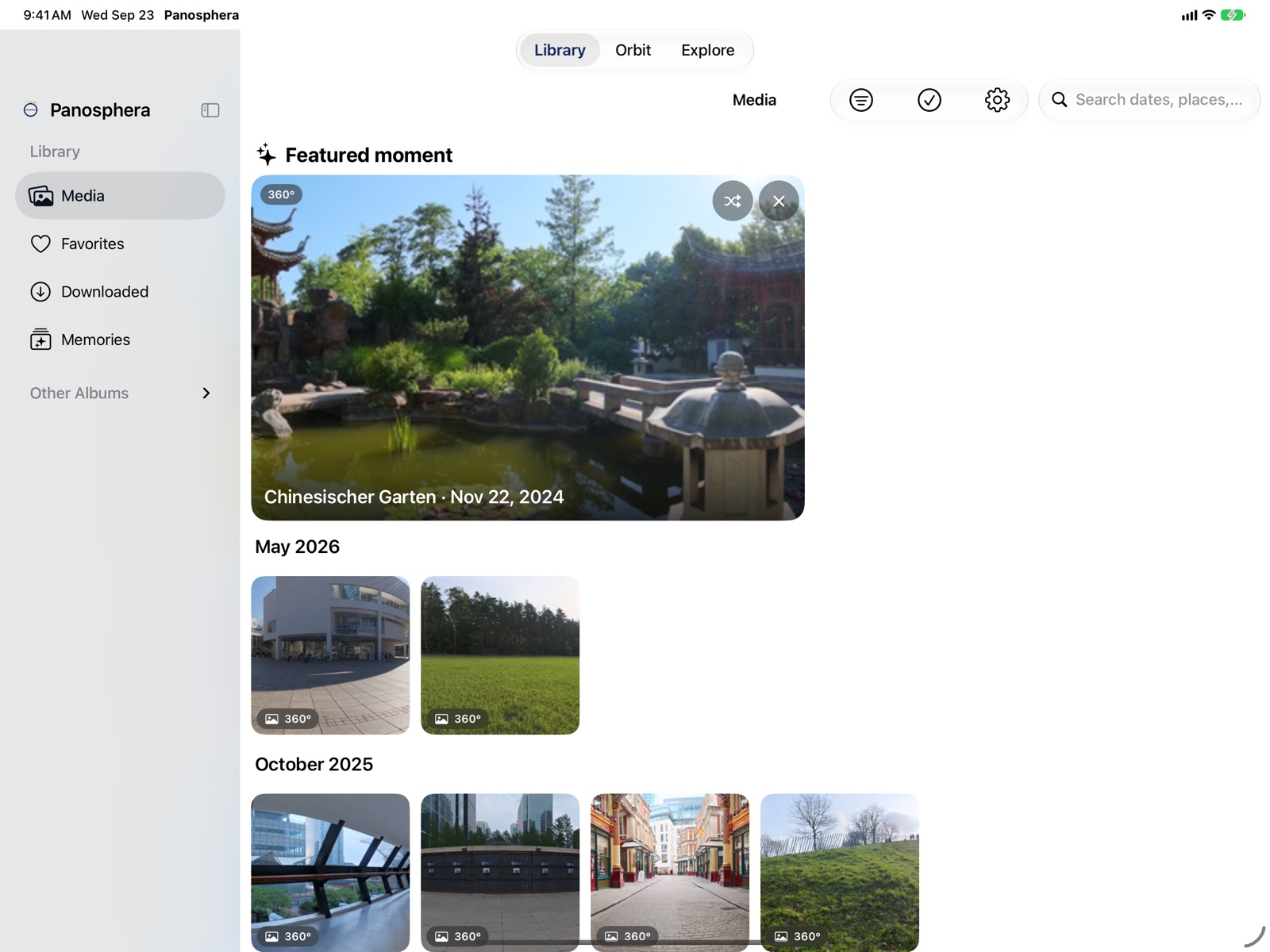 The Library on iPad in landscape: a sidebar of scopes and albums beside a grid of 360° photos, each badged 360°, grouped by month