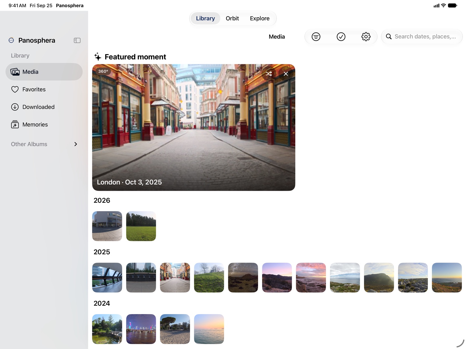 The Library on iPad in landscape: a sidebar of scopes and albums beside a grid of 360° photos, each badged 360°, grouped by year