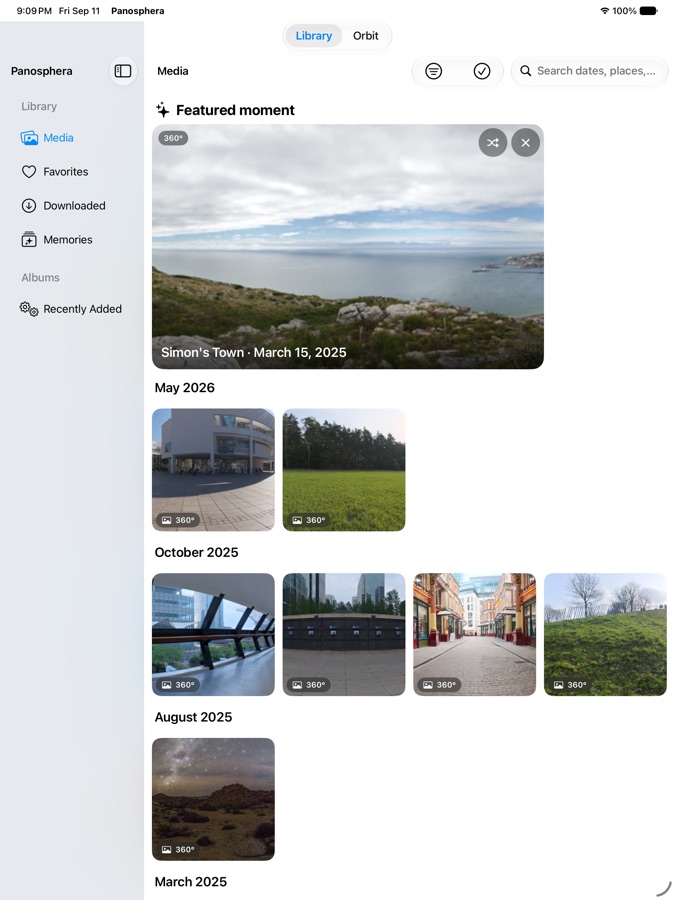 The Library on iPad: a grid of 360° photos from a dozen places, each badged 360°, grouped by month