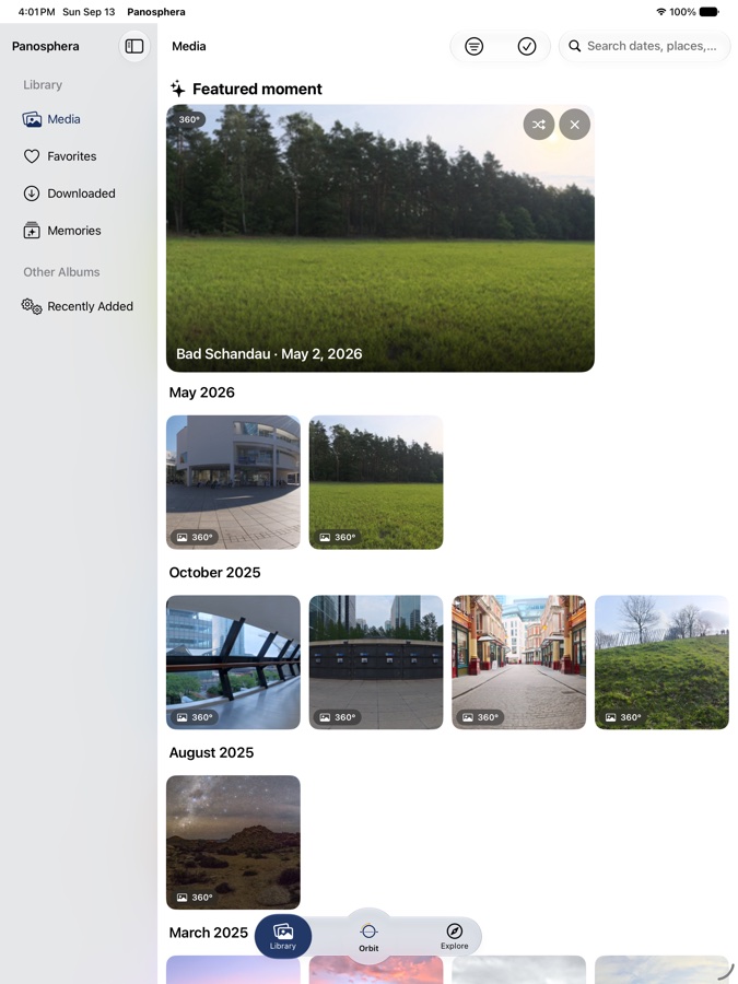 The Library on iPad: a grid of 360° photos from a dozen places, each badged 360°, grouped by month