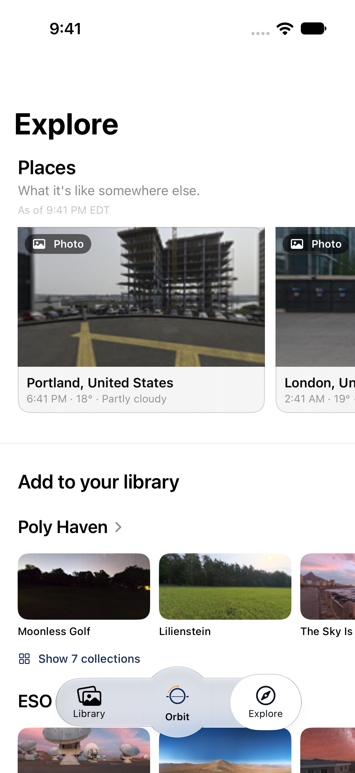 The Library on iPad: a grid of 360° photos from a dozen places, each badged 360°, grouped by month