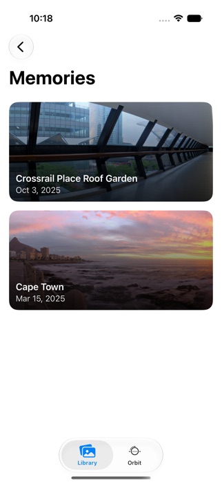 Memories on iPhone: cards titled Crossrail Place Roof Garden, Oct 3, 2025 and Cape Town, Mar 15, 2025