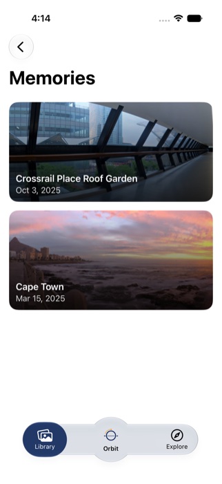Memories on iPhone: cards titled Crossrail Place Roof Garden, Oct 3, 2025 and Cape Town, Mar 15, 2025