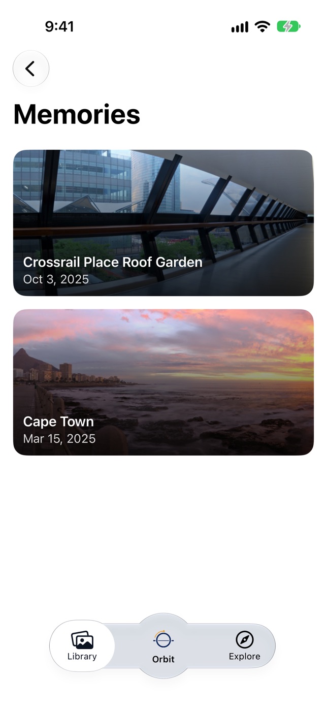 Memories on iPhone: cards titled Crossrail Place Roof Garden, Oct 3, 2025 and Cape Town, Mar 15, 2025
