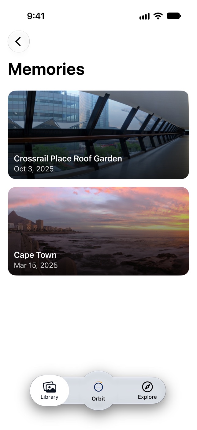 Memories on iPhone: cards titled Crossrail Place Roof Garden, Oct 3, 2025 and Cape Town, Mar 15, 2025