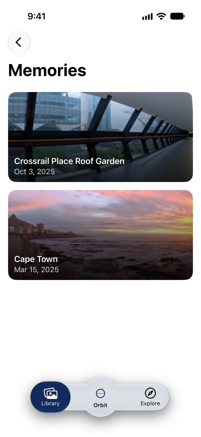 Memories on iPhone: cards titled Crossrail Place Roof Garden, Oct 3, 2025 and Cape Town, Mar 15, 2025