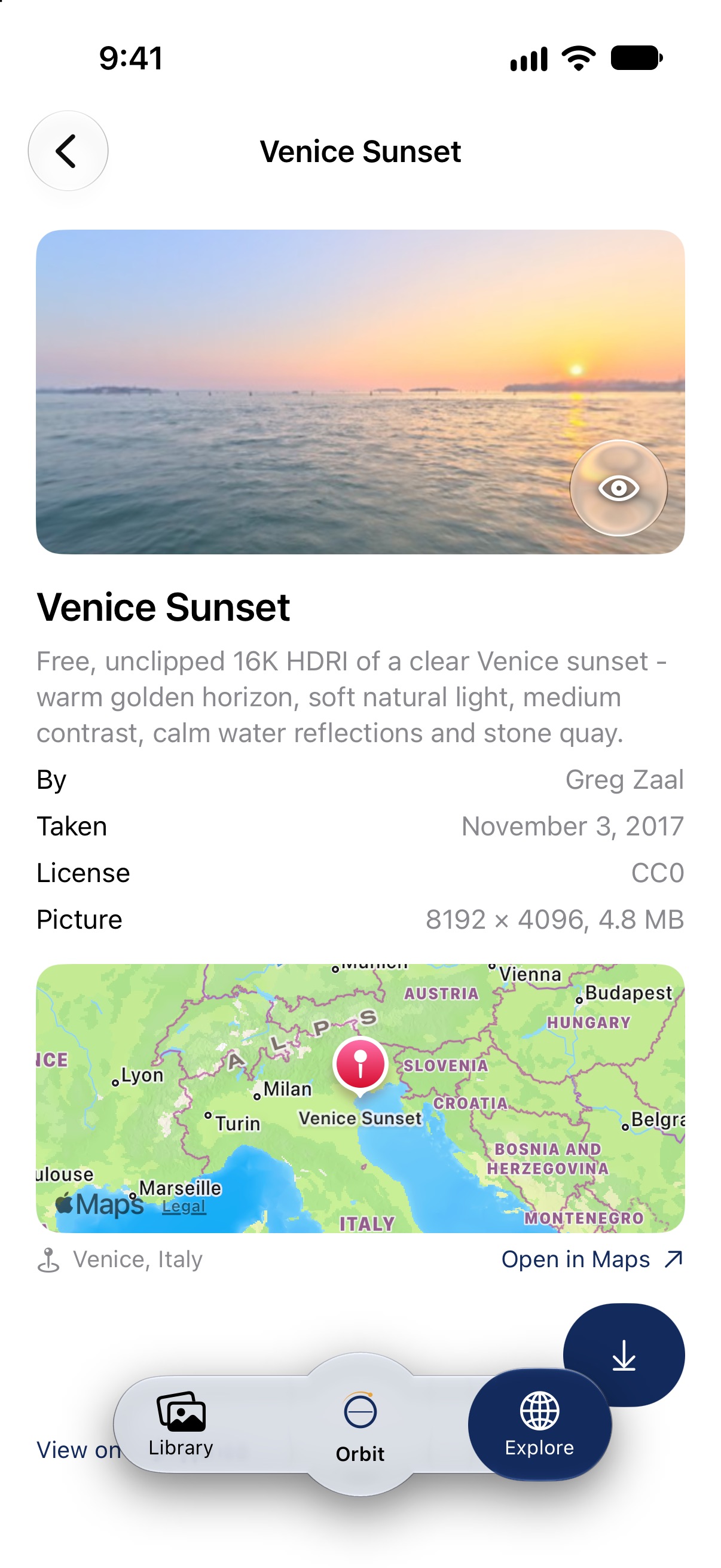 A scene's page in Explore on iPhone: Venice Sunset, with its description, author, date, and license, a map of where it was taken, and the button to add it
