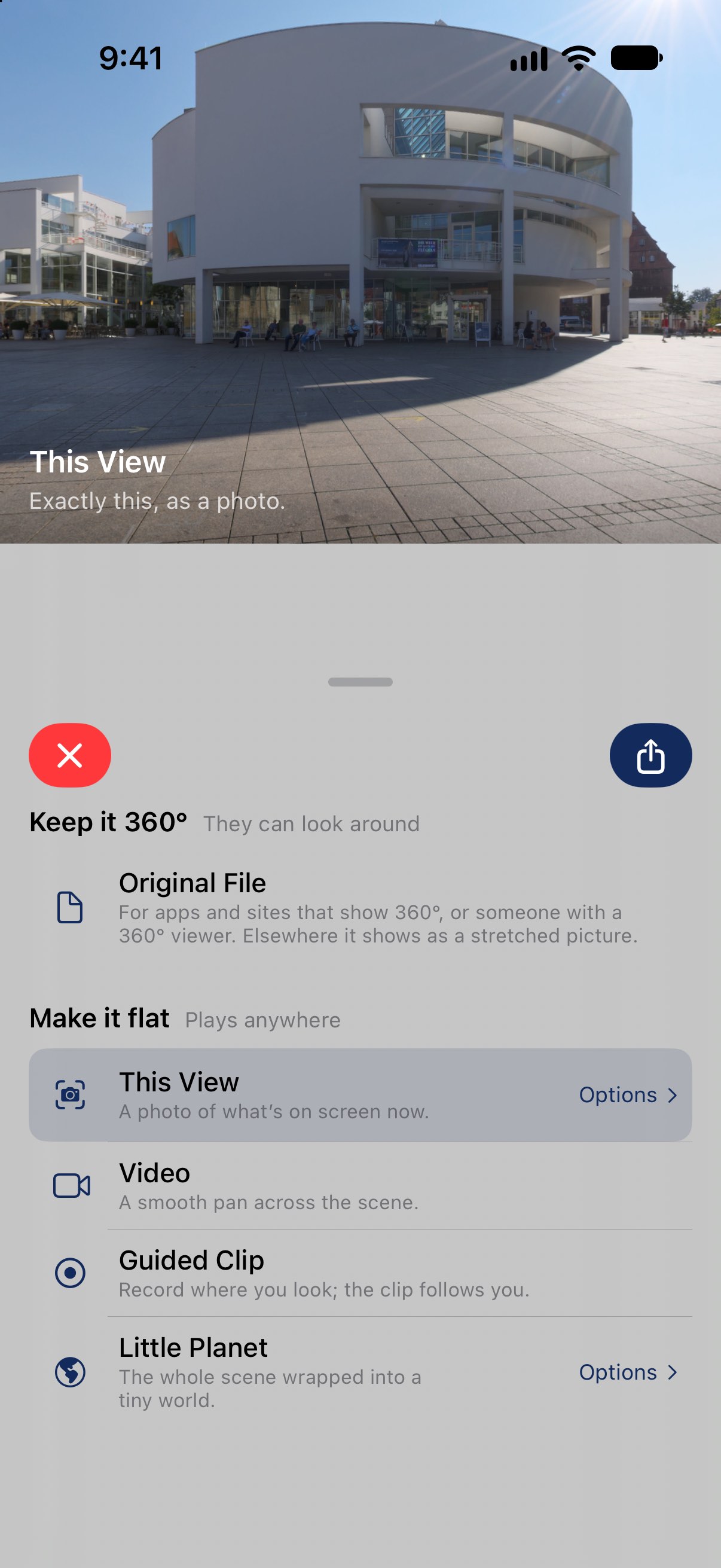 The share screen on iPhone: a preview of the flat photo at the top, then two groups — Keep it 360° with Original File, and Make it flat with This View, Video, Guided Clip and Little Planet