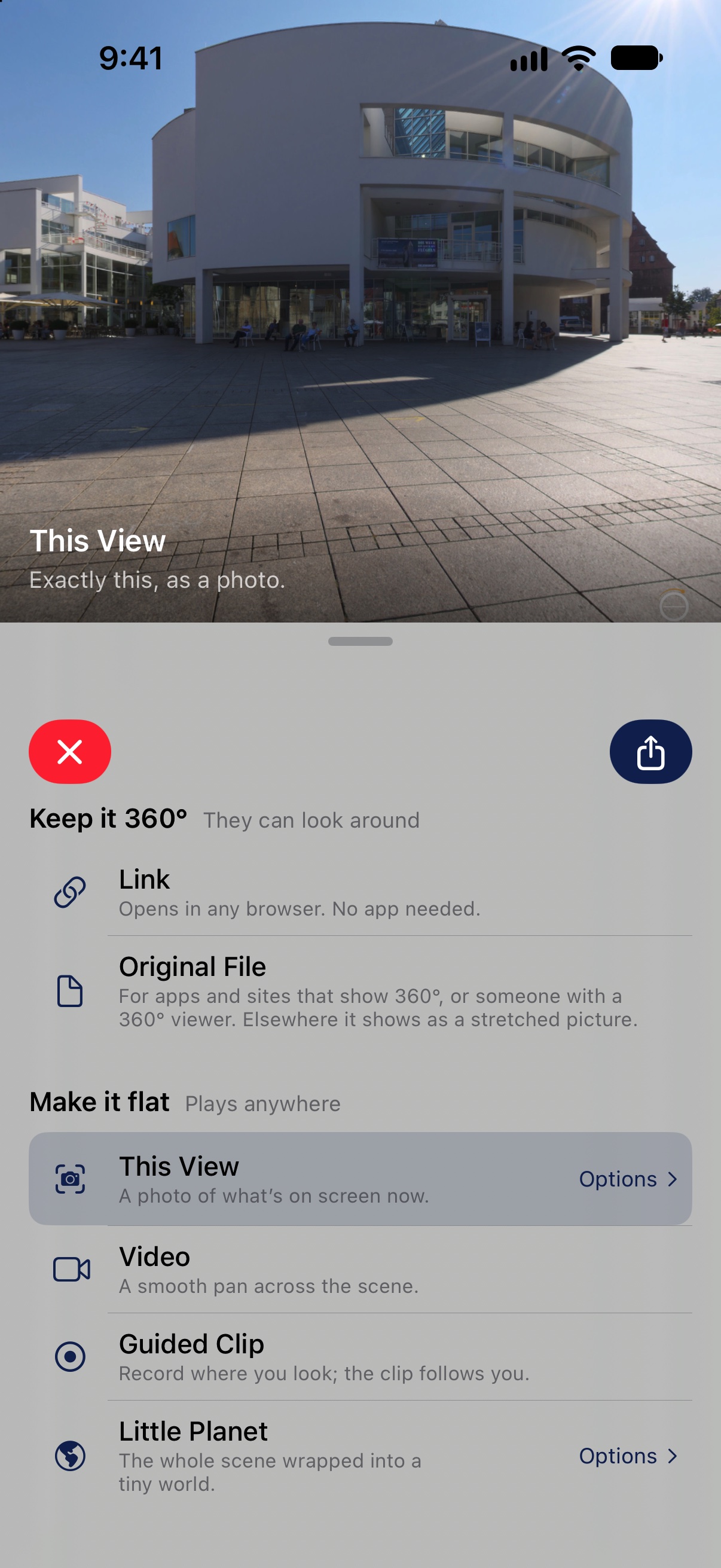 The share screen on iPhone: a preview of the flat photo at the top, then two groups — Keep it 360° with Link and Original File, and Make it flat with This View, Video, Guided Clip and Little Planet