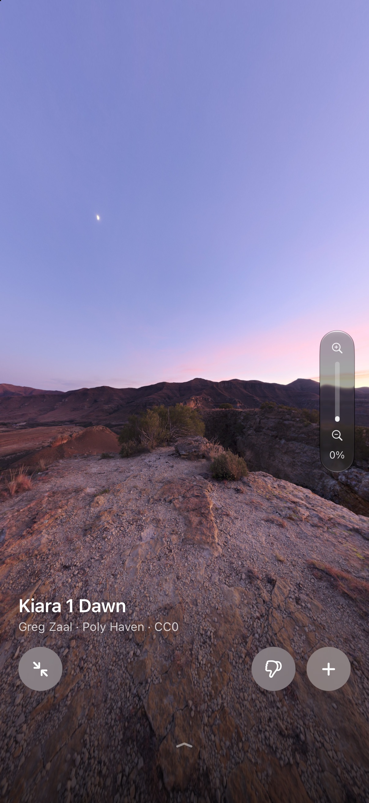 Wander on iPhone: Kiara 1 Dawn, a rocky ridge under a violet dawn sky, with its name and credit, Close, Not for Me and Add buttons, the zoom slider on the right and a soft fade at the foot