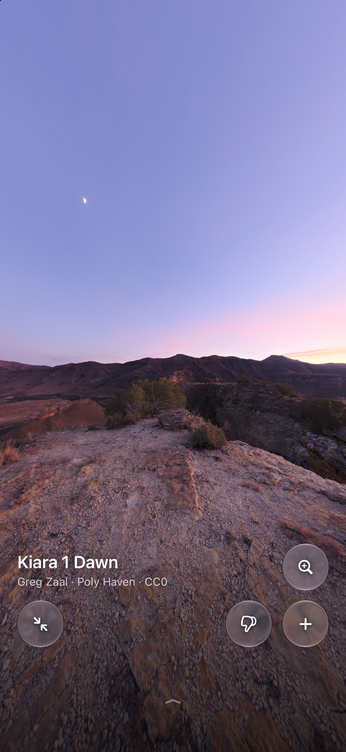 Wander on iPhone: Kiara 1 Dawn, a rocky ridge under a violet dawn sky, with its name and credit, Close, Not for Me, and Add buttons, the zoom glass above them, and a soft fade at the foot